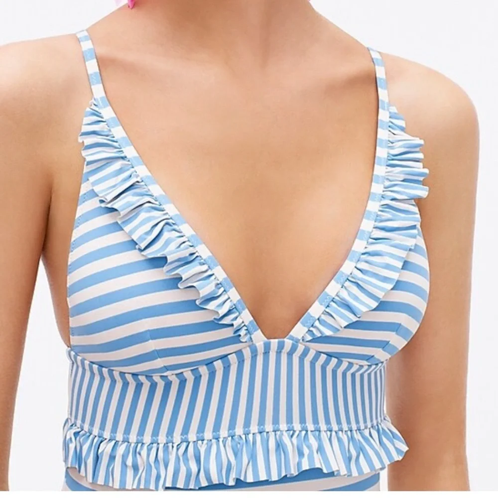 J.Crew plunging ruffle one piece striped Green Striped Swimsuit, size 4 - Picture 3 of 9